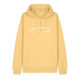 Hoodie in gelb mit weißem Aufdruck „Lust auf Riesling“.
