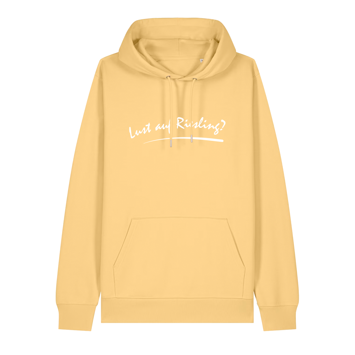 Hoodie in gelb mit weißem Aufdruck „Lust auf Riesling“.
