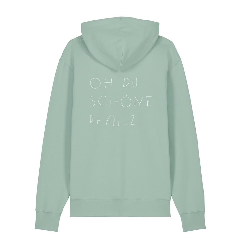 Hoodie in aloe mit weißem Oh du schöne Pfalz Schriftzug auf dem Rücken.