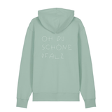 Hoodie in aloe mit weißem Oh du schöne Pfalz Schriftzug auf dem Rücken.