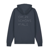 Hoodie in anthrazit mit weißem Oh du schöne Pfalz Schriftzug auf dem Rücken.
