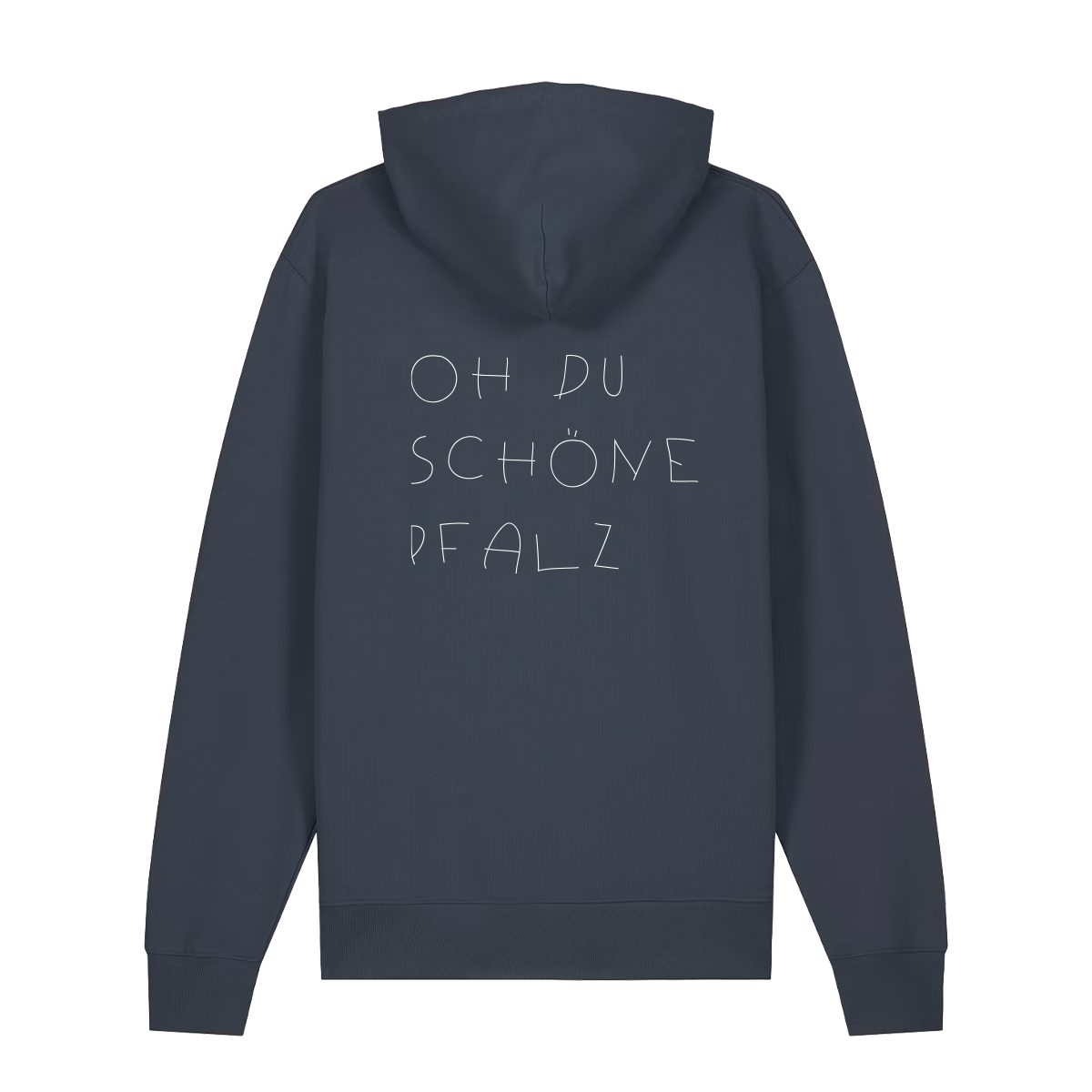Hoodie in anthrazit mit weißem Oh du schöne Pfalz Schriftzug auf dem Rücken.