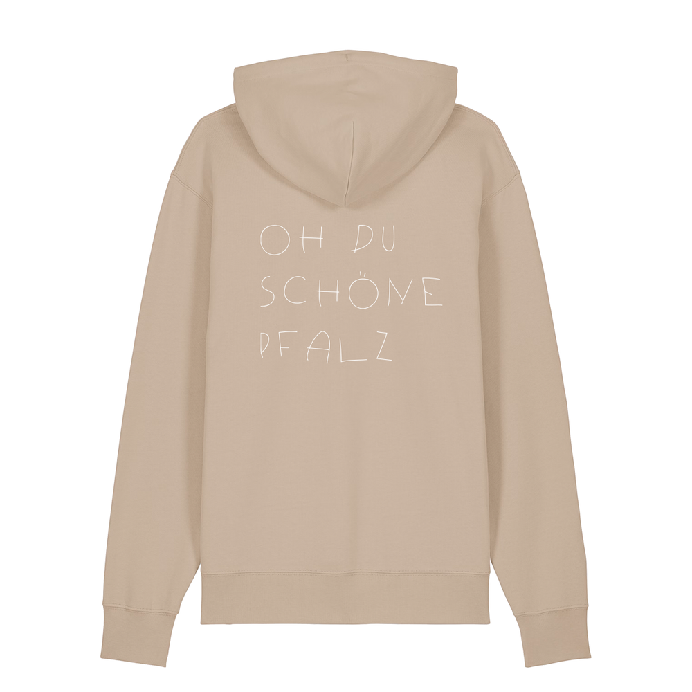 Hoodie in beige mit weißem Oh du schöne Pfalz Schriftzug auf dem Rücken.