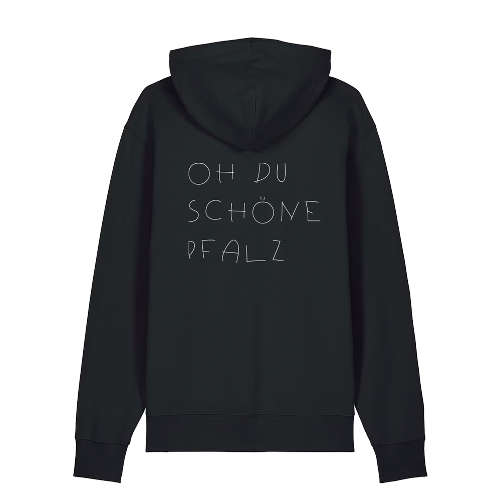 Hoodie in schwarz mit weißem Oh du schöne Pfalz Schriftzug auf dem Rücken.