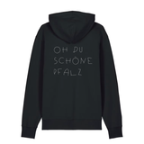 Hoodie in schwarz mit weißem Oh du schöne Pfalz Schriftzug auf dem Rücken.