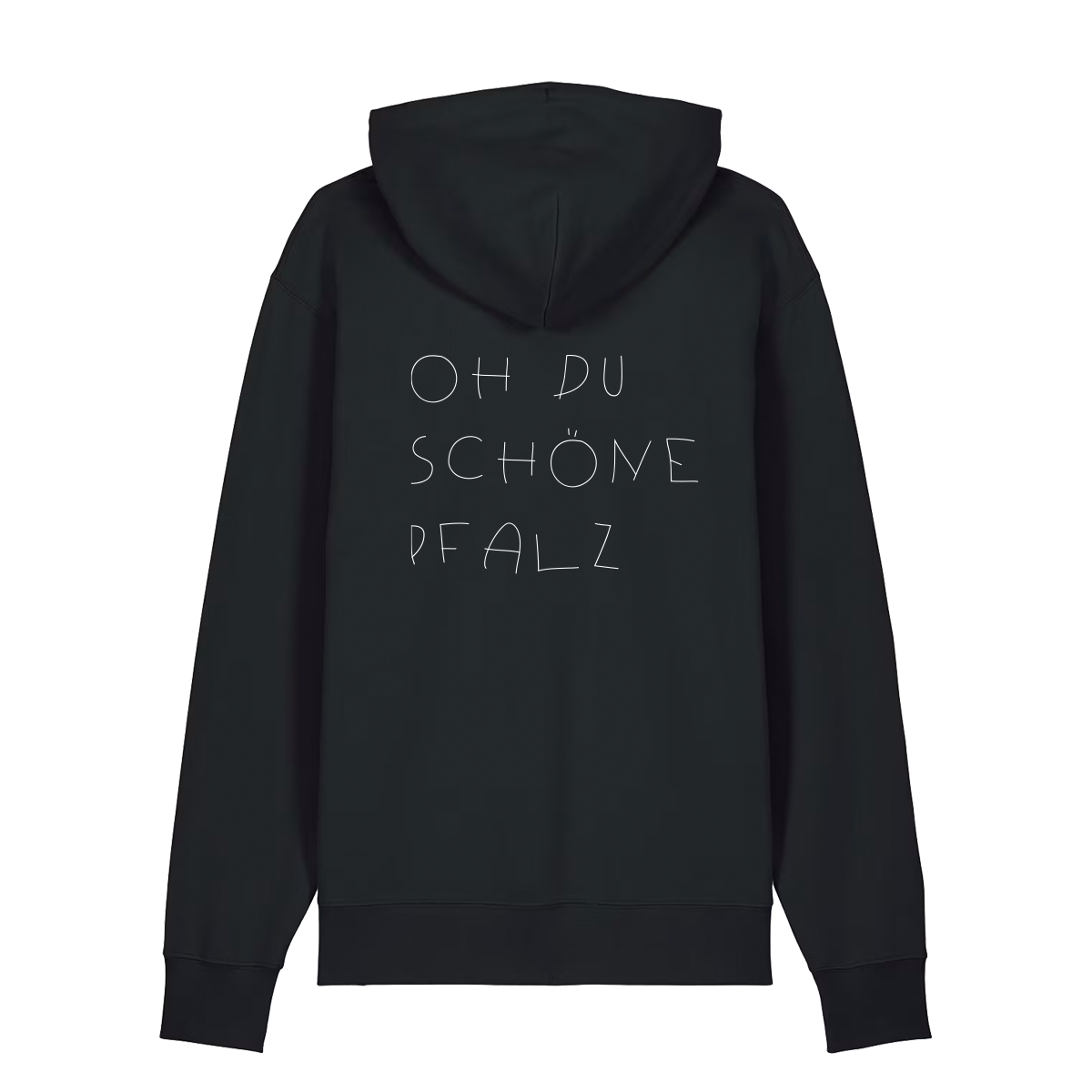 Hoodie in schwarz mit weißem Oh du schöne Pfalz Schriftzug auf dem Rücken.