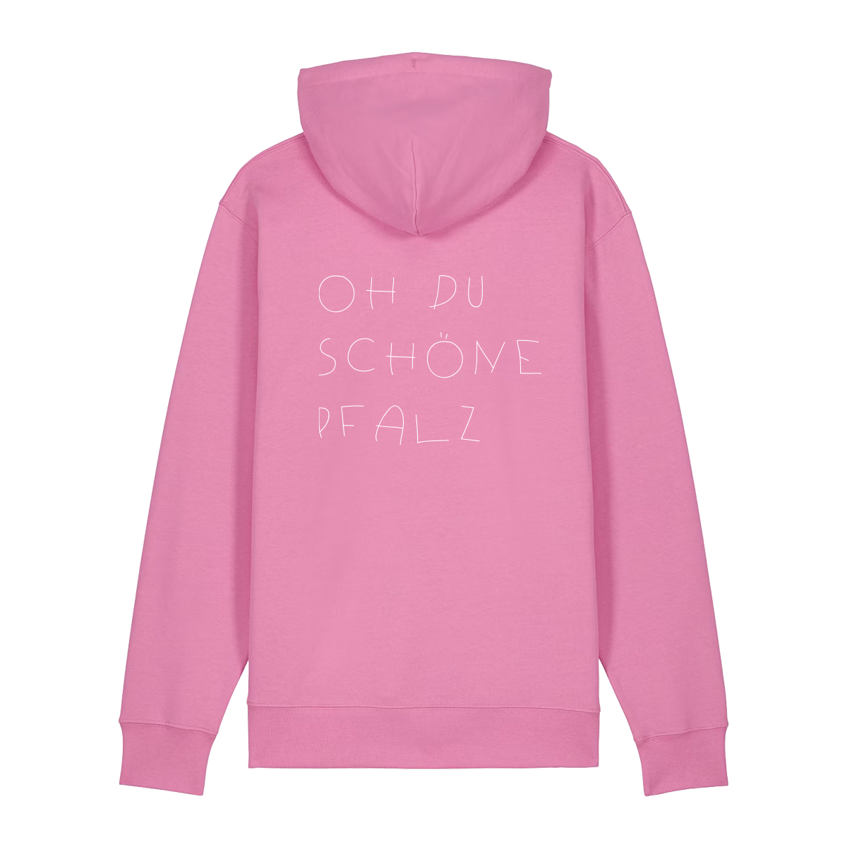 Hoodie in bubbelpink mit weißem Oh du schöne Pfalz Schriftzug auf dem Rücken.