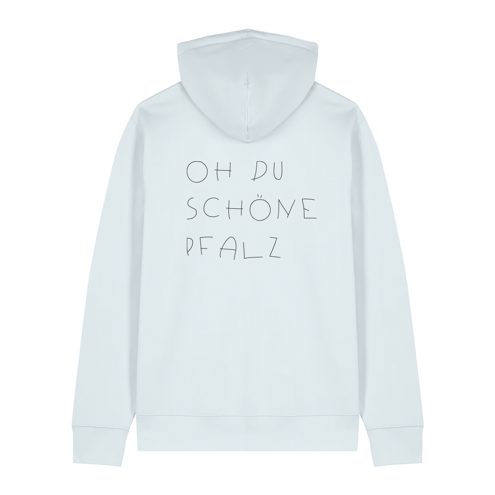 Hoodie in eisblau mit schwarzem Oh du schöne Pfalz Schriftzug auf dem Rücken.