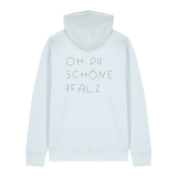 Hoodie in eisblau mit schwarzem Oh du schöne Pfalz Schriftzug auf dem Rücken.
