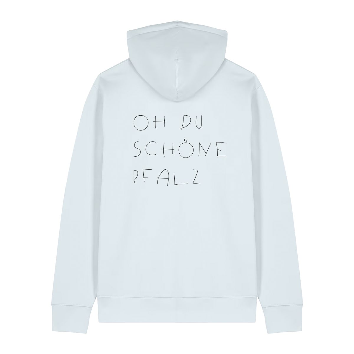 Hoodie in eisblau mit schwarzem Oh du schöne Pfalz Schriftzug auf dem Rücken.