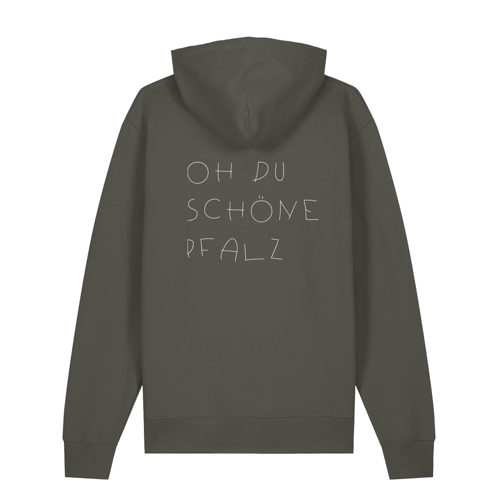 Hoodie in khaki mit weißem Oh du schöne Pfalz Schriftzug auf dem Rücken.