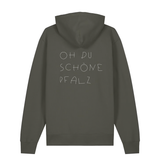 Hoodie in khaki mit weißem Oh du schöne Pfalz Schriftzug auf dem Rücken.