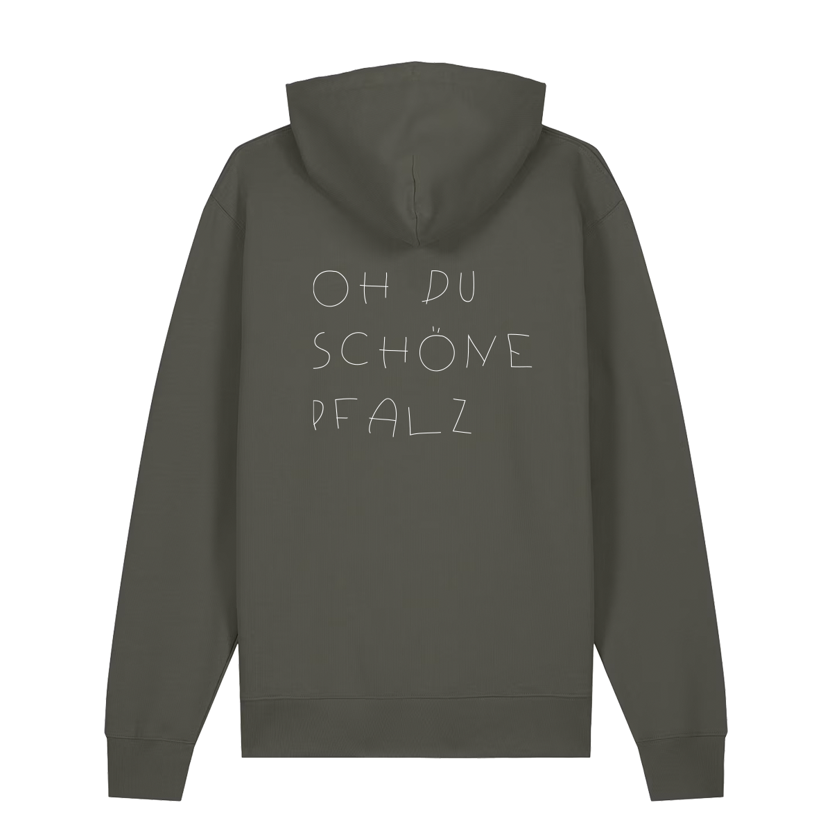Hoodie in khaki mit weißem Oh du schöne Pfalz Schriftzug auf dem Rücken.