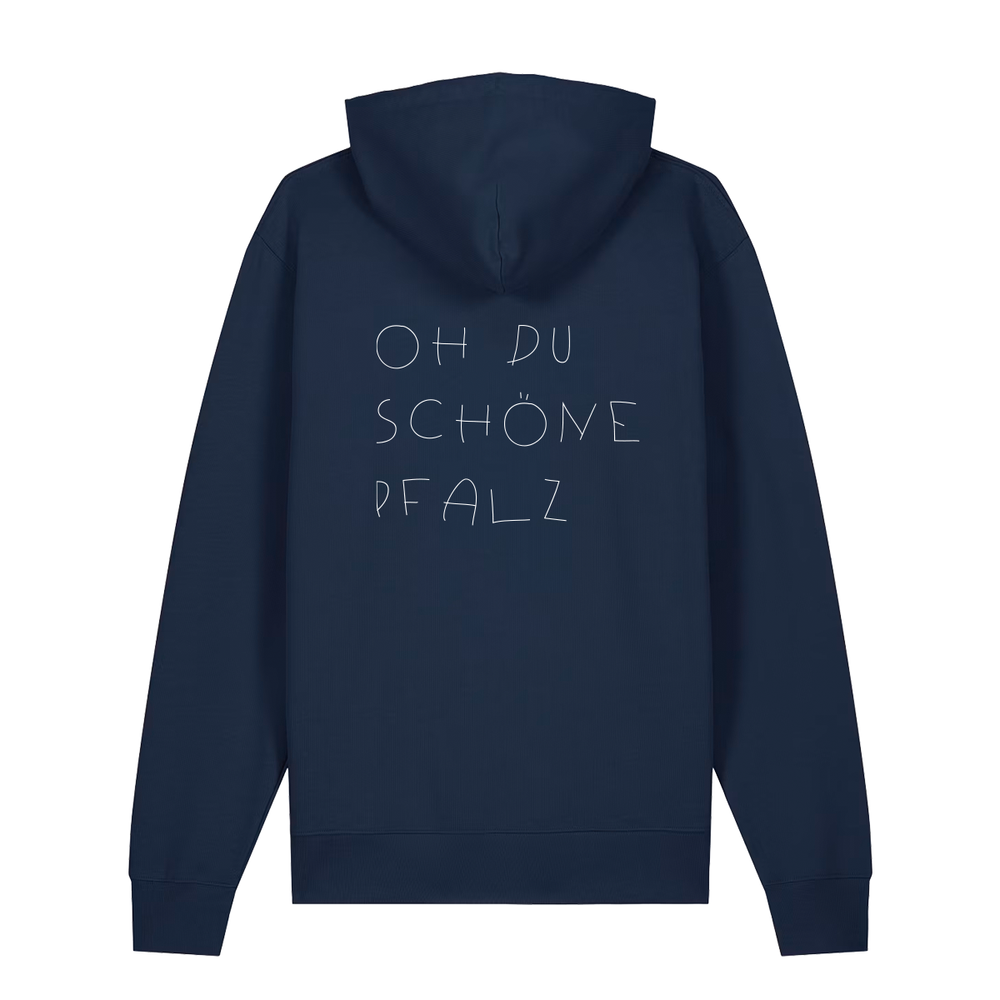 Hoodie in navy mit weißem Oh du schöne Pfalz Schriftzug auf dem Rücken.