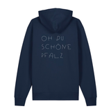 Hoodie in navy mit weißem Oh du schöne Pfalz Schriftzug auf dem Rücken.