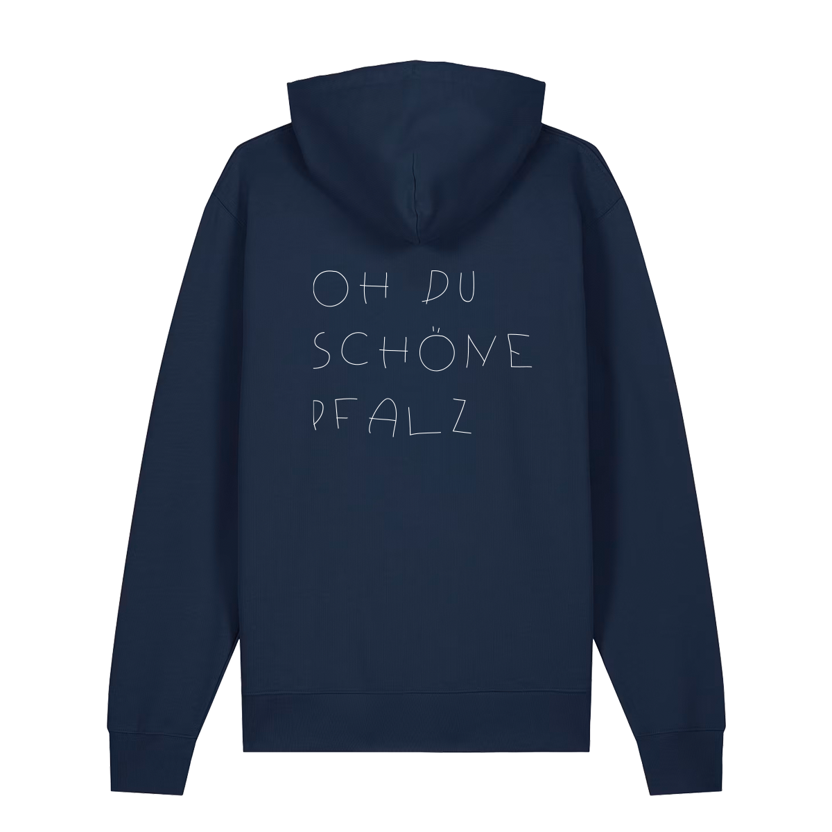 Hoodie in navy mit weißem Oh du schöne Pfalz Schriftzug auf dem Rücken.