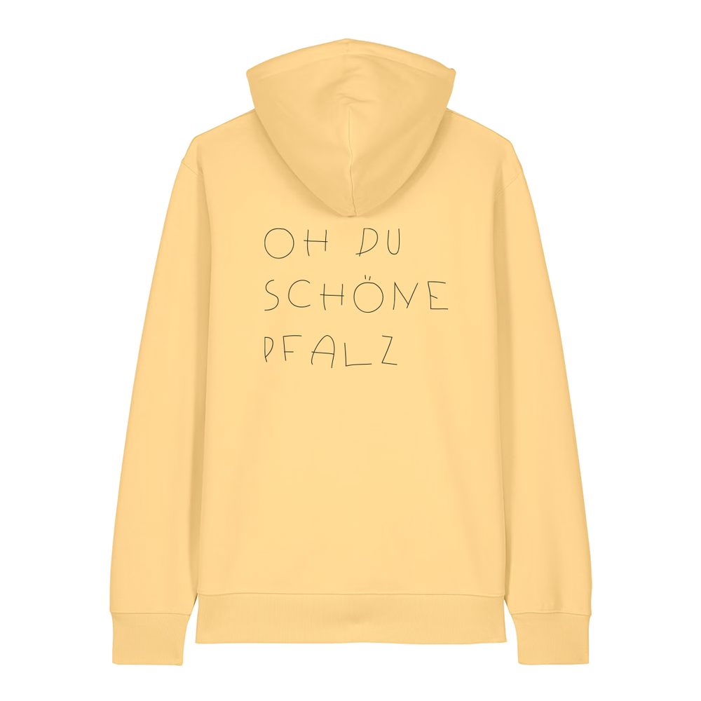 Hoodie in gelb mit weißem Oh du schöne Pfalz Schriftzug auf dem Rücken.