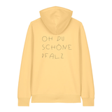 Hoodie in gelb mit weißem Oh du schöne Pfalz Schriftzug auf dem Rücken.
