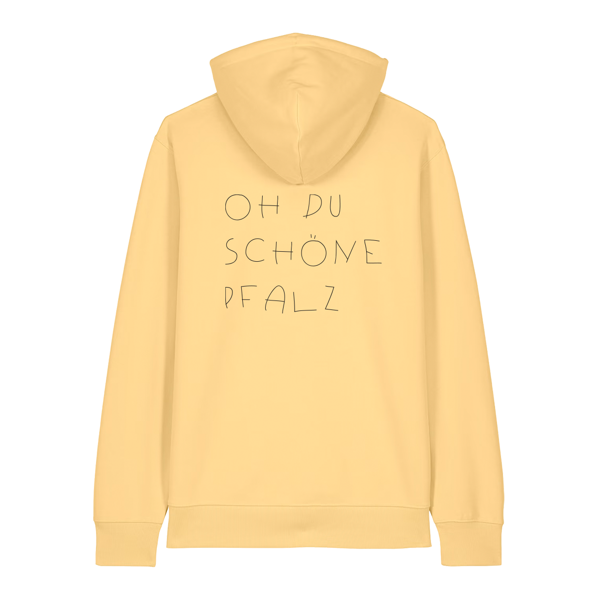 Hoodie in gelb mit weißem Oh du schöne Pfalz Schriftzug auf dem Rücken.