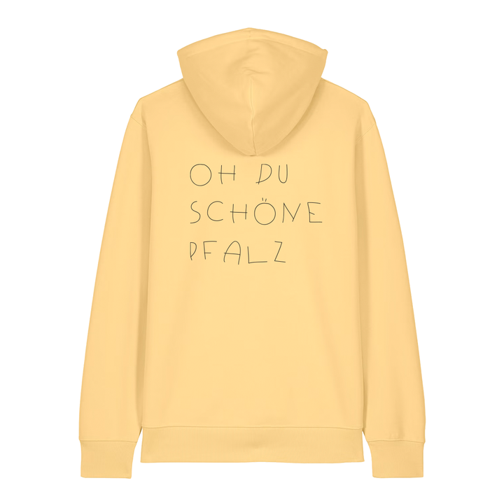 Hoodie in gelb mit weißem Oh du schöne Pfalz Schriftzug auf dem Rücken.