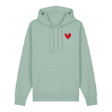 Hoodie in aloe auf der Vorderseite mit kleinem roten Herz und weißem Pfalz Schriftzug auf der Brust.
