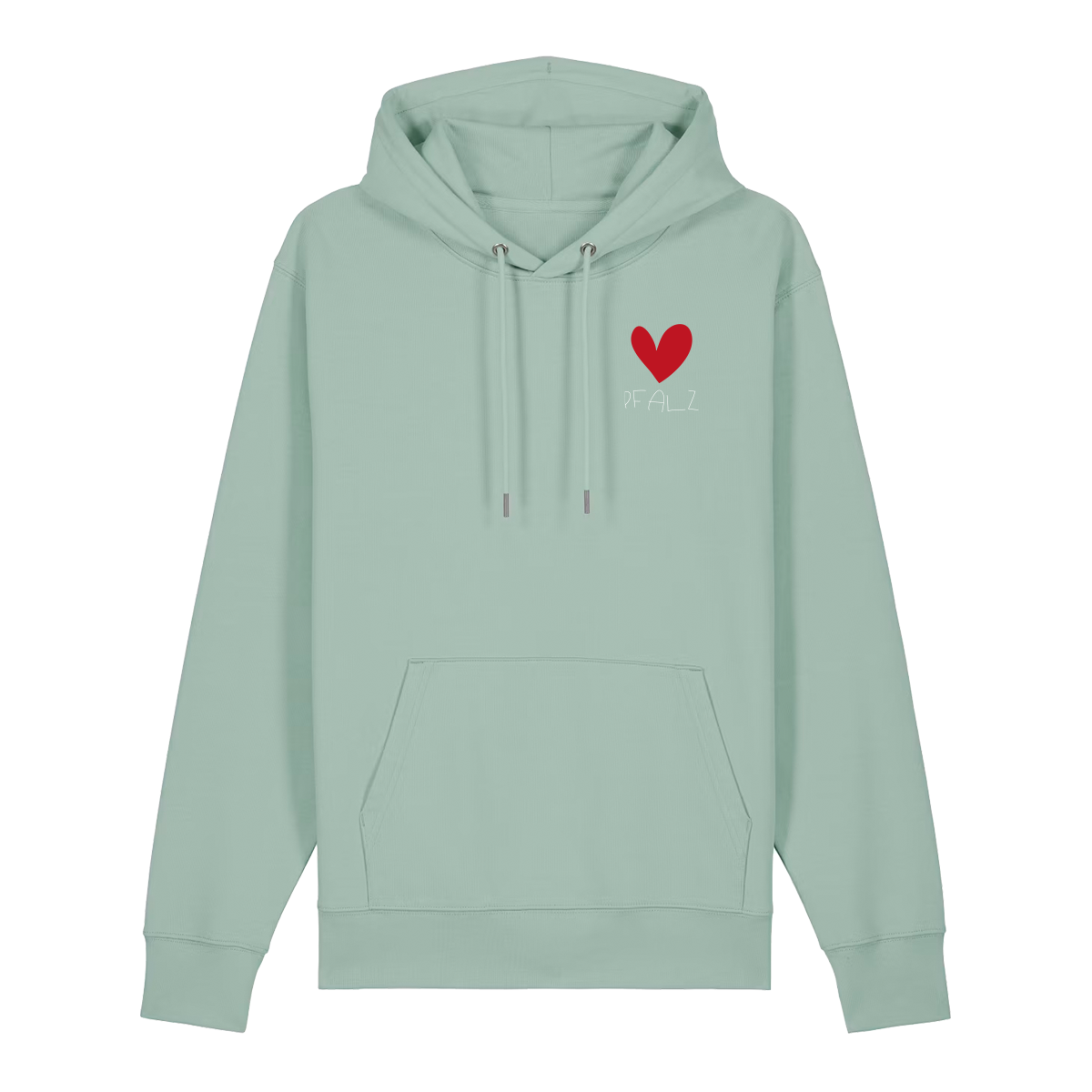 Hoodie in aloe auf der Vorderseite mit kleinem roten Herz und weißem Pfalz Schriftzug auf der Brust.