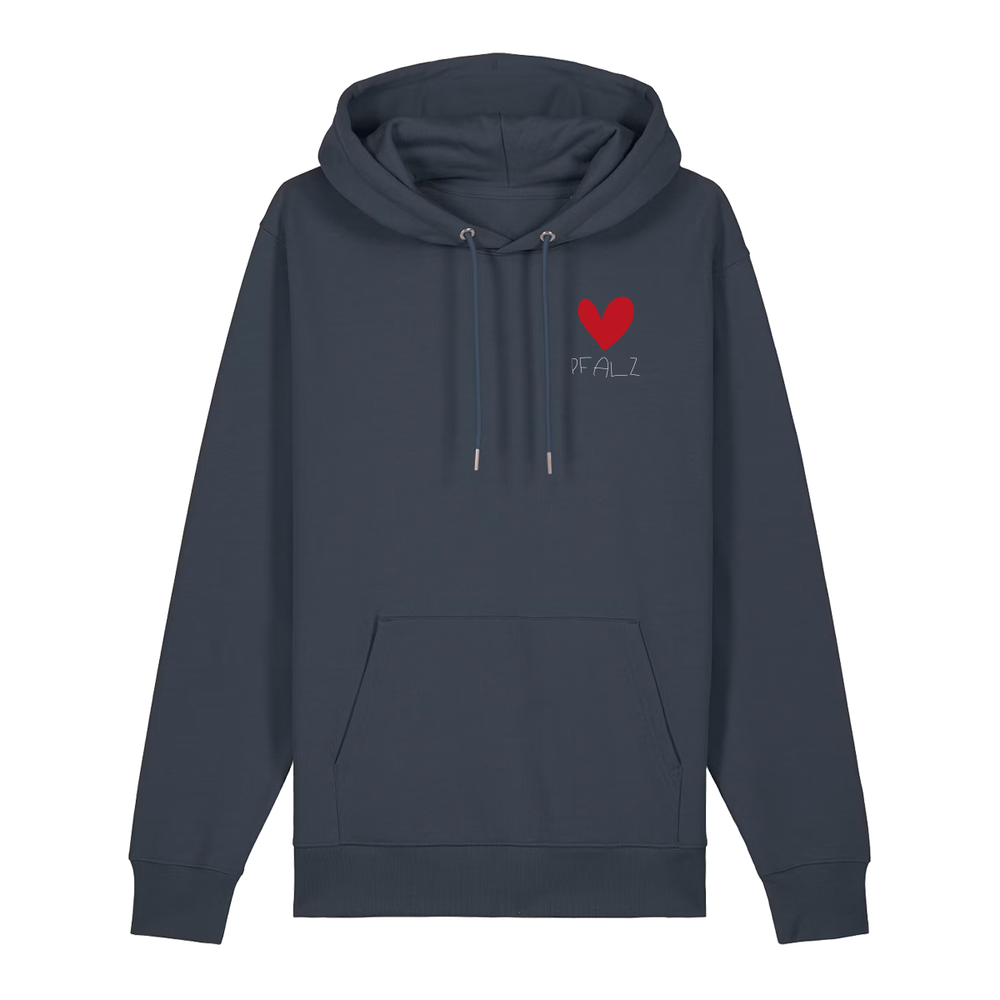 Hoodie in anthrazit auf der Vorderseite mit kleinem roten Herz und weißem Pfalz Schriftzug auf der Brust.