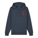 Hoodie in anthrazit auf der Vorderseite mit kleinem roten Herz und weißem Pfalz Schriftzug auf der Brust.