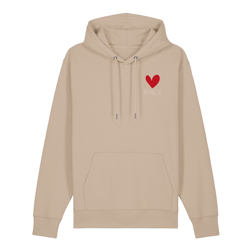 Hoodie in beige auf der Vorderseite mit kleinem roten Herz und weißem Pfalz Schriftzug auf der Brust.