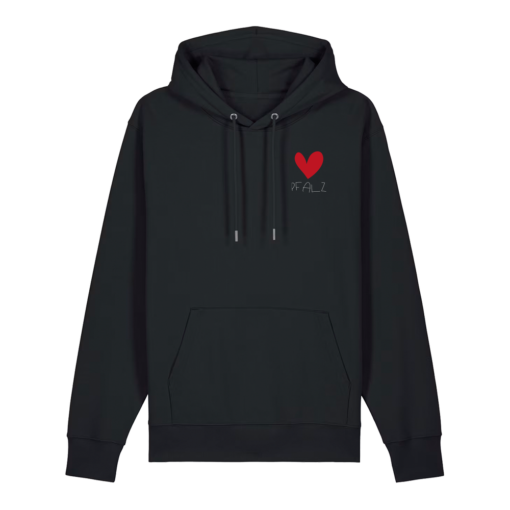 Hoodie in schwarz auf der Vorderseite mit kleinem roten Herz und weißem Pfalz Schriftzug auf der Brust.