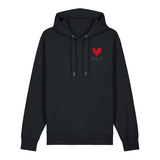 Hoodie in schwarz auf der Vorderseite mit kleinem roten Herz und weißem Pfalz Schriftzug auf der Brust.