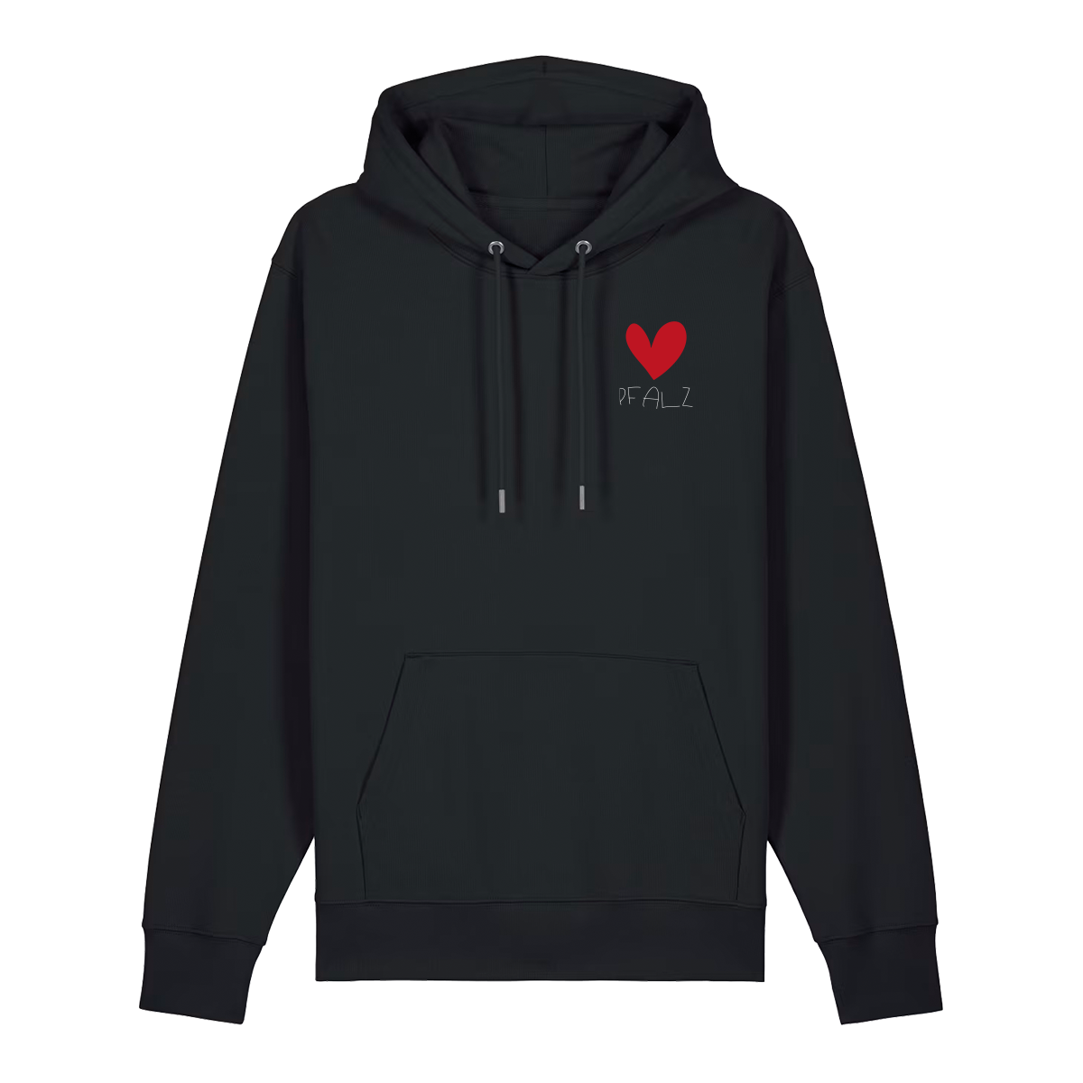 Hoodie in schwarz auf der Vorderseite mit kleinem roten Herz und weißem Pfalz Schriftzug auf der Brust.