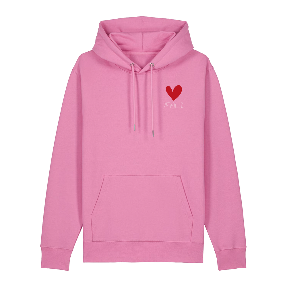 Hoodie in bubbelpink auf der Vorderseite mit kleinem roten Herz und weißem Pfalz Schriftzug auf der Brust.