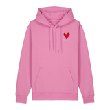 Hoodie in bubbelpink auf der Vorderseite mit kleinem roten Herz und weißem Pfalz Schriftzug auf der Brust.