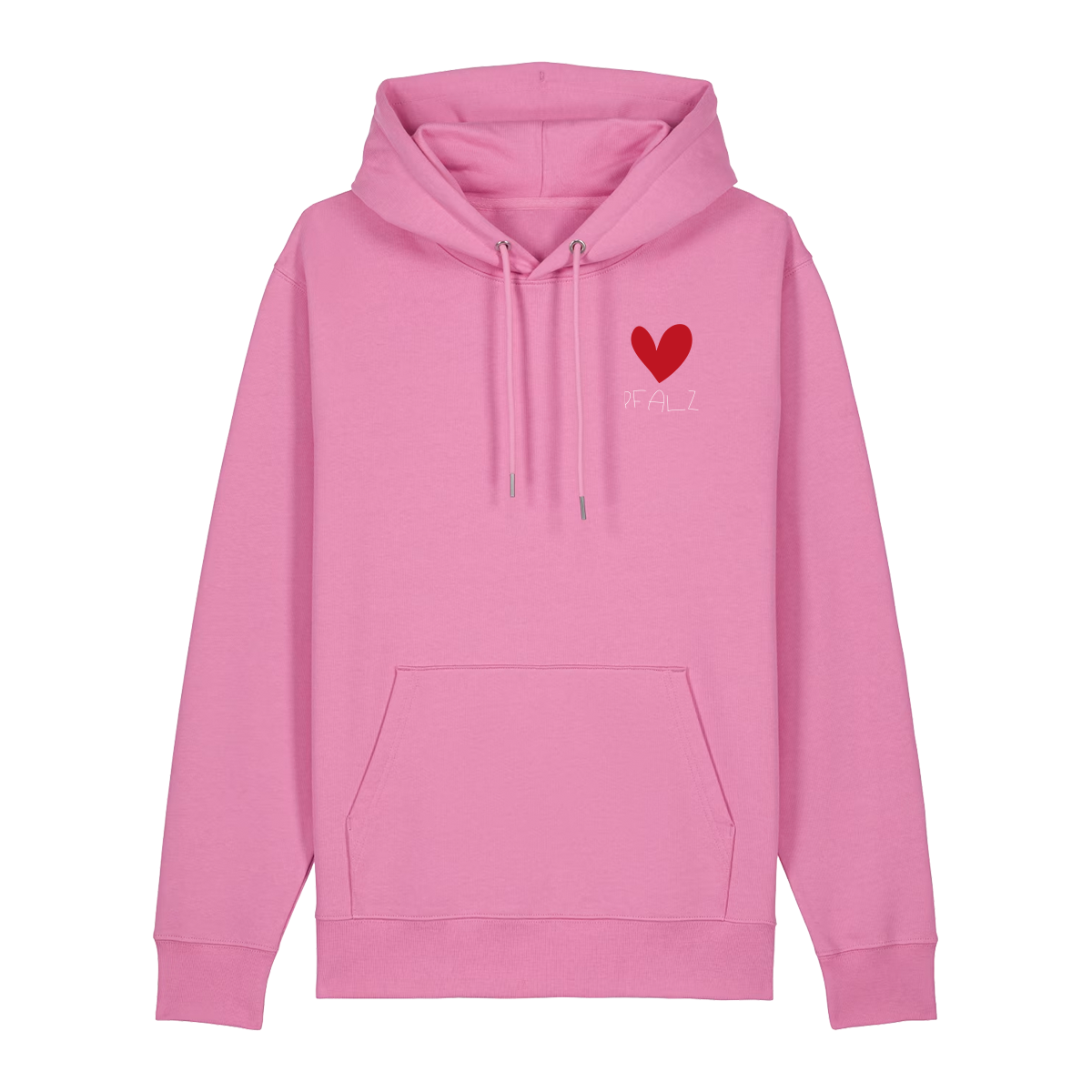 Hoodie in bubbelpink auf der Vorderseite mit kleinem roten Herz und weißem Pfalz Schriftzug auf der Brust.