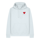 Hoodie in eisblau auf der Vorderseite mit kleinem roten Herz und schwarzem Pfalz Schriftzug auf der Brust.