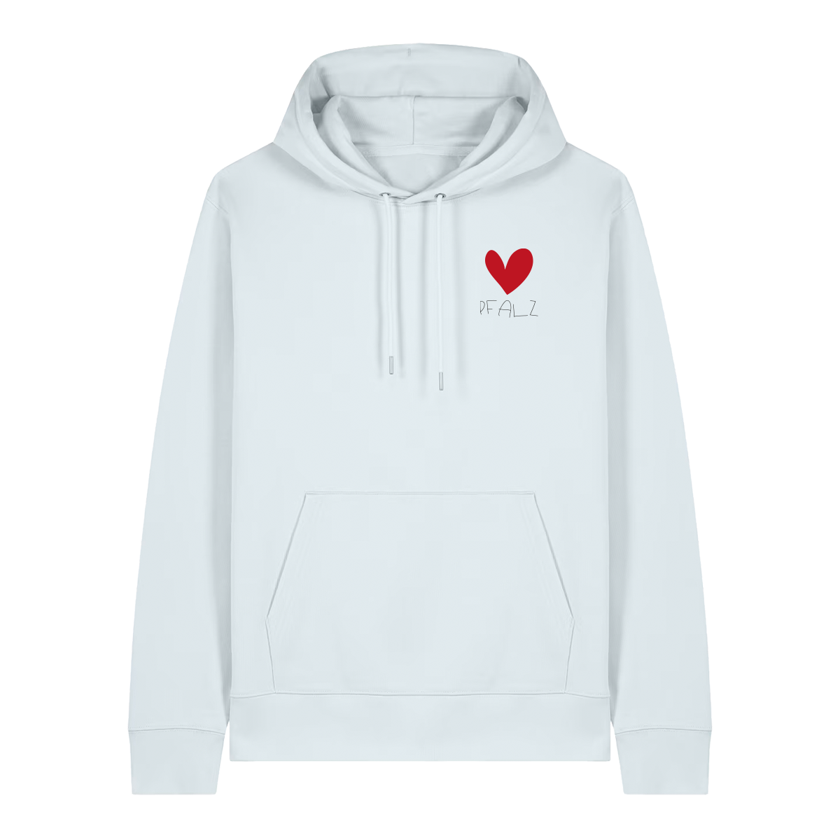 Hoodie in eisblau auf der Vorderseite mit kleinem roten Herz und schwarzem Pfalz Schriftzug auf der Brust.