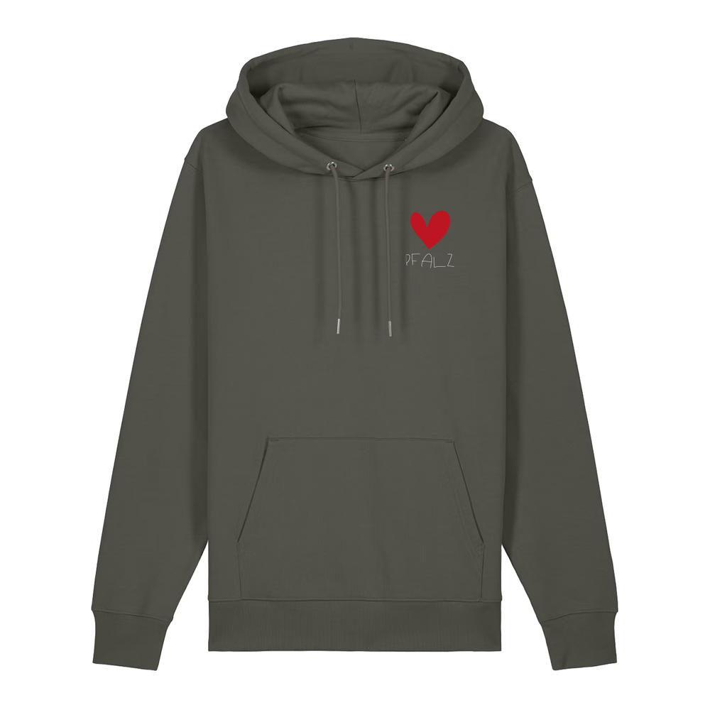 Hoodie in khaki auf der Vorderseite mit kleinem roten Herz und weißem Pfalz Schriftzug auf der Brust.