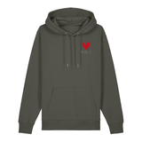 Hoodie in khaki auf der Vorderseite mit kleinem roten Herz und weißem Pfalz Schriftzug auf der Brust.