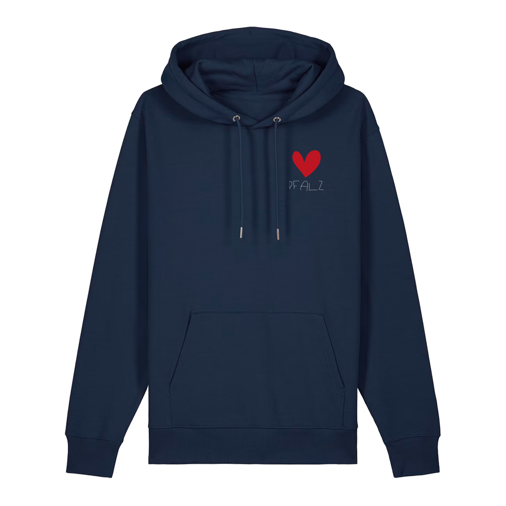 Hoodie in navy auf der Vorderseite mit kleinem roten Herz und weißem Pfalz Schriftzug auf der Brust.