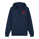 Hoodie in navy auf der Vorderseite mit kleinem roten Herz und weißem Pfalz Schriftzug auf der Brust.