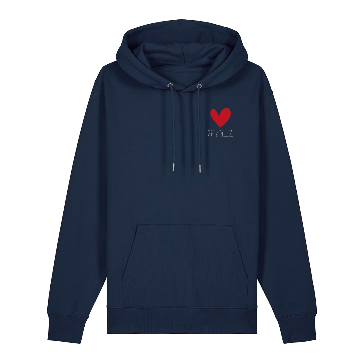 Hoodie in navy auf der Vorderseite mit kleinem roten Herz und weißem Pfalz Schriftzug auf der Brust.