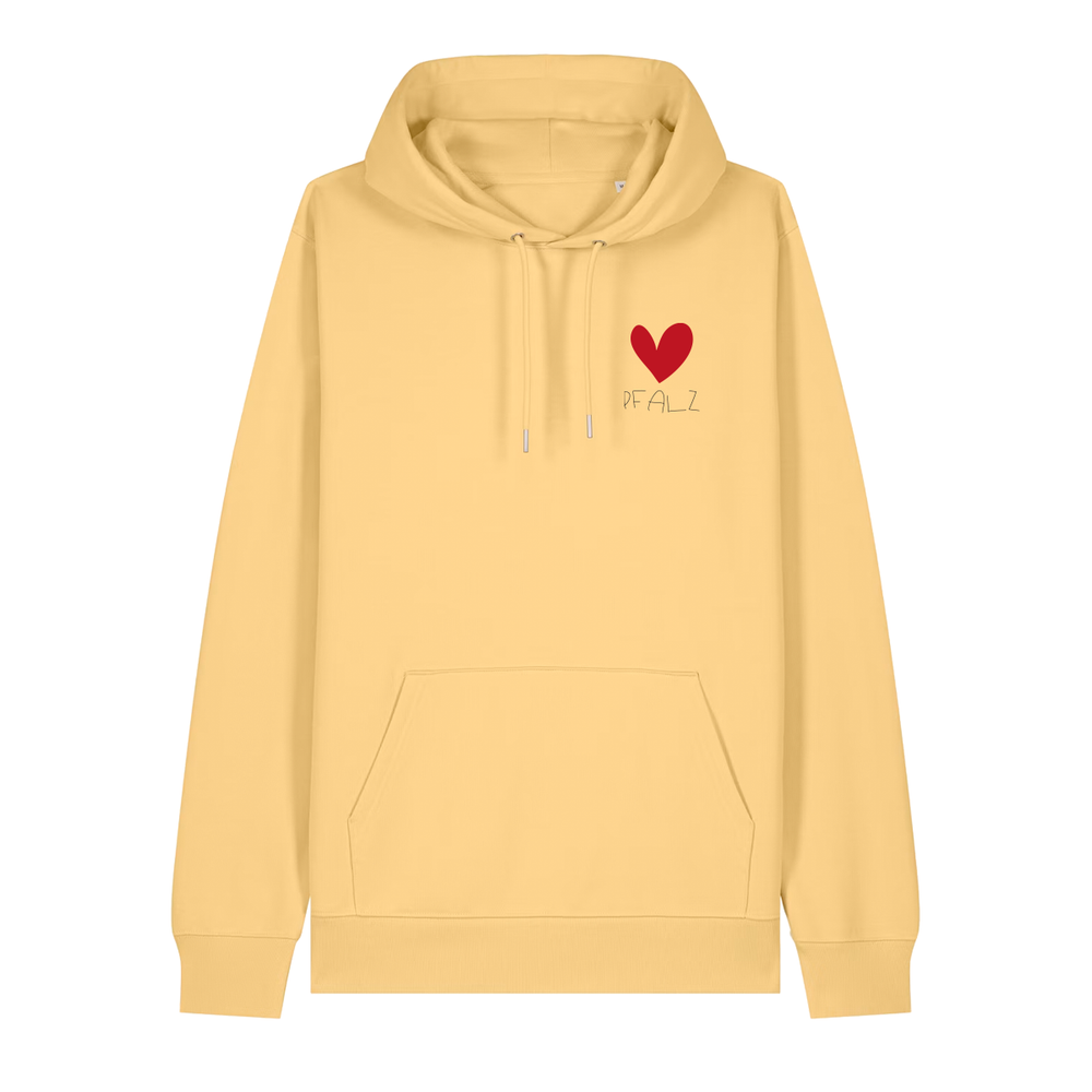Hoodie in gelb auf der Vorderseite mit kleinem roten Herz und weißem Pfalz Schriftzug auf der Brust.
