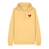 Hoodie in gelb auf der Vorderseite mit kleinem roten Herz und weißem Pfalz Schriftzug auf der Brust.