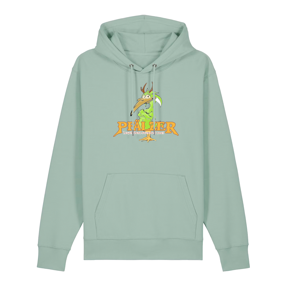 Hoodie in aloe mit einer grünen Cartoon-Elwetritsche und orangefarbenem Schriftzug Pfälzer Legenden sterben nie.