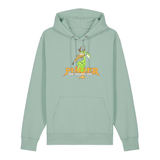 Hoodie in aloe mit einer grünen Cartoon-Elwetritsche und orangefarbenem Schriftzug Pfälzer Legenden sterben nie.