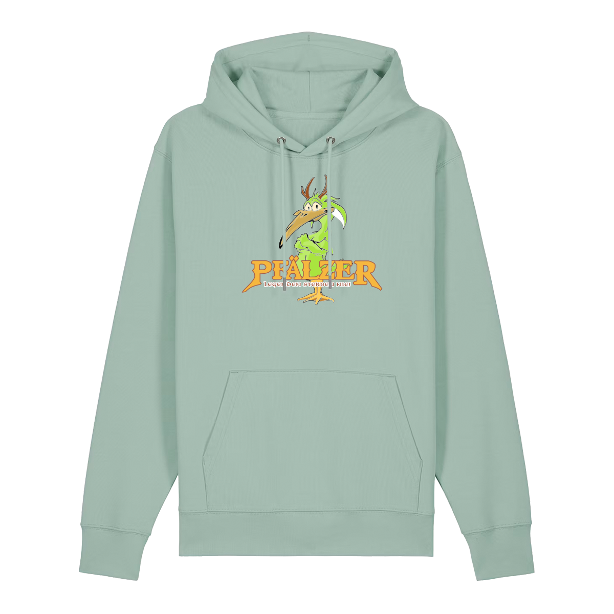Hoodie in aloe mit einer grünen Cartoon-Elwetritsche und orangefarbenem Schriftzug Pfälzer Legenden sterben nie.