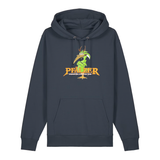 Hoodie in anthrazit mit einer grünen Cartoon-Elwetritsche und orangefarbenem Schriftzug Pfälzer Legenden sterben nie.