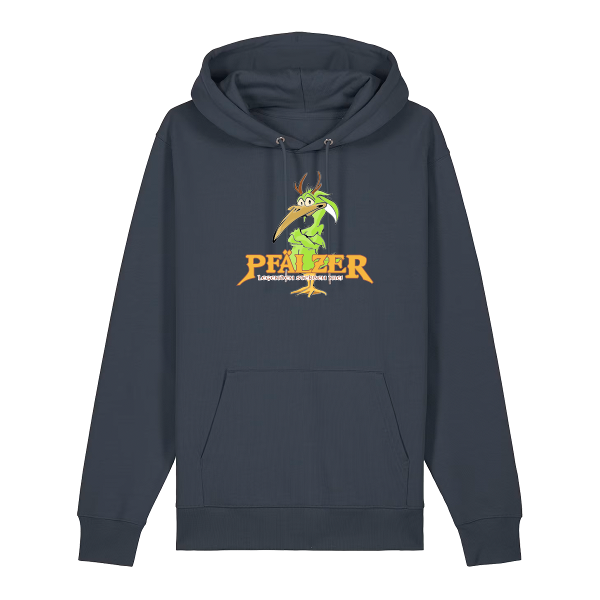 Hoodie in anthrazit mit einer grünen Cartoon-Elwetritsche und orangefarbenem Schriftzug Pfälzer Legenden sterben nie.