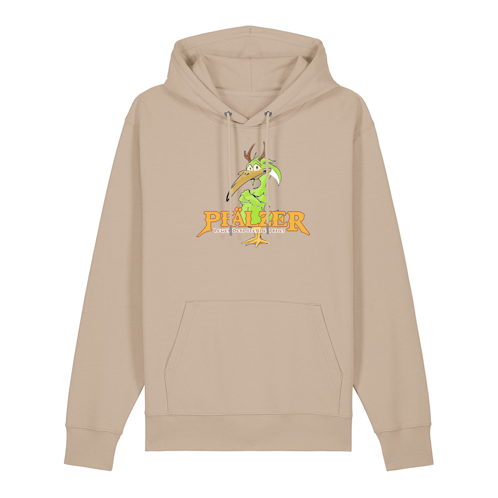 Hoodie in beige mit einer grünen Cartoon-Elwetritsche und orangefarbenem Schriftzug Pfälzer Legenden sterben nie.
